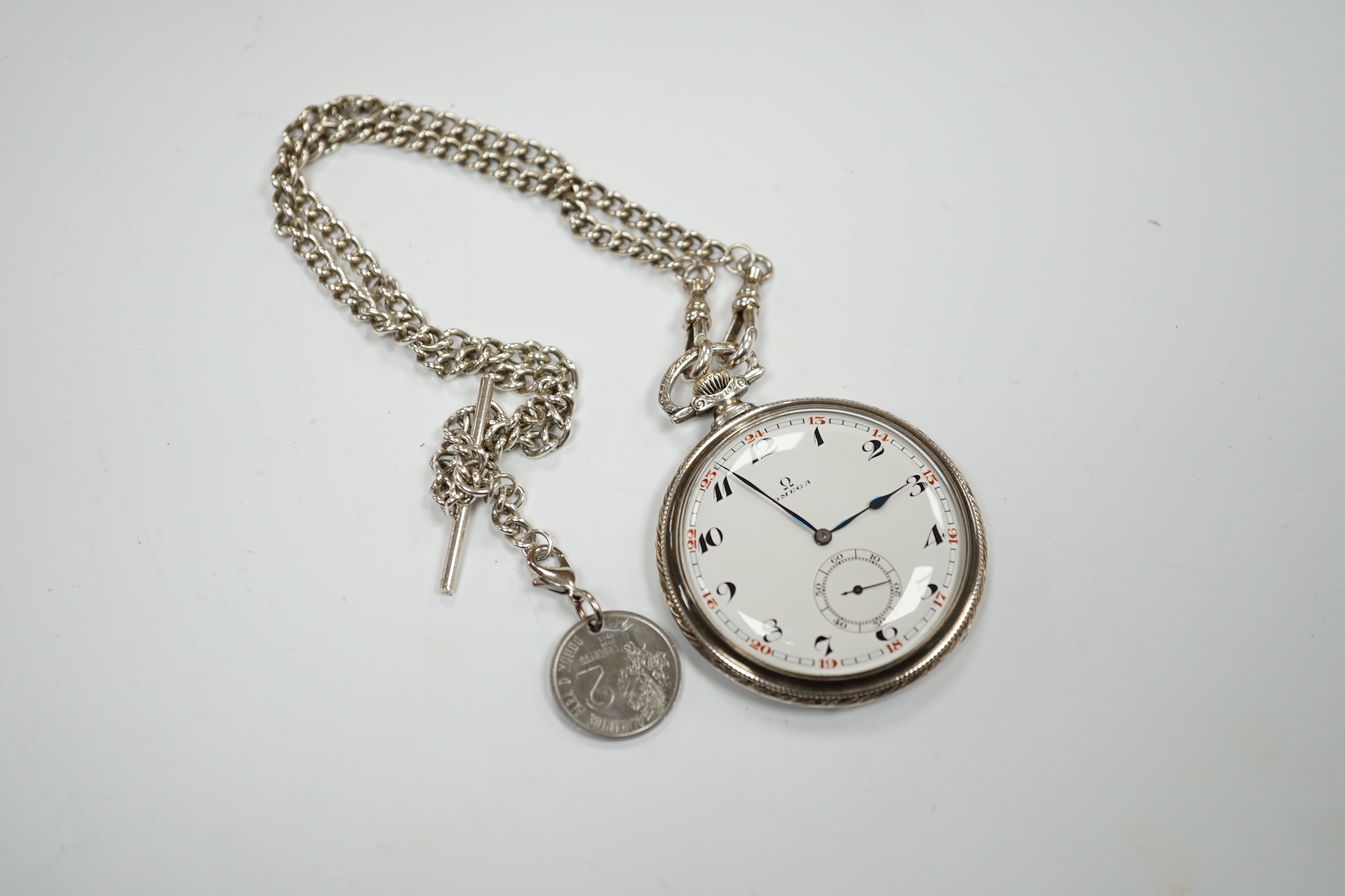 A German 900 standard cased Omega keyless open face dress pocket watch, with Arabic dial and subsidiary seconds, case diameter 48mm, together with an unmarked white metal albert.